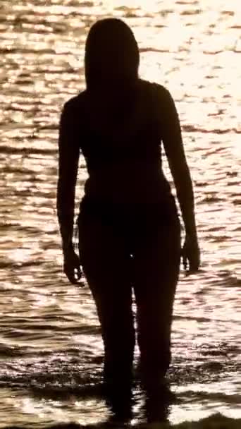 美しい女性は日没にマイアミで暖かい海の水を楽しむ 旅行写真 — ストック動画
