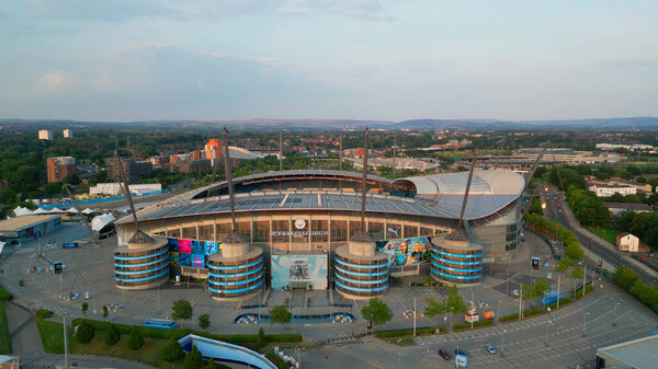 Etihad Stadium of Manchester City - aerial view - MANCHESTER, UNITED KINGDOM - AUGUST 15, 2022