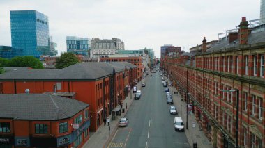 Flight through Deansgate Street in Manchester - MANCHESTER, UNITED KINGDOM - AUGUST 15, 2022