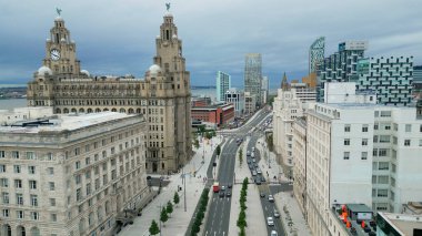 Flight over the Strand in Liverpool - the famous street at the docks - LIVERPOOL, UNITED KINGDOM - AUGUST 16, 2022
