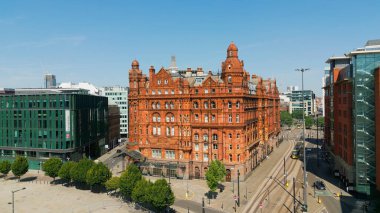 Beautiful old building of Midland Hotel in Manchester - drone photography