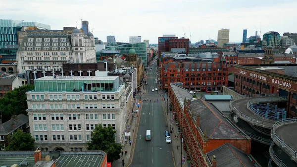 Flight Famous Deansgate Street City Manchester Drone Photography — Stockfoto