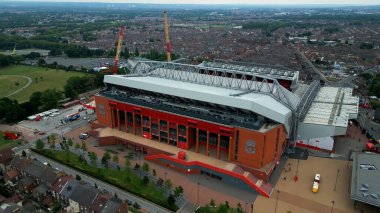 Anfield stadium of FC Liverpool from above - aerial view - LIVERPOOL, UNITED KINGDOM - AUGUST 16, 2022