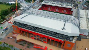 Anfield stadium of FC Liverpool from above - aerial view - LIVERPOOL, UNITED KINGDOM - AUGUST 16, 2022
