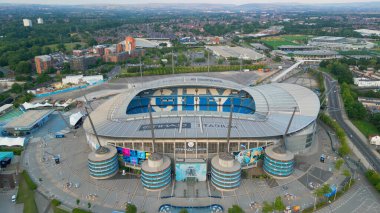 Etihad Stadium of Manchester City - aerial view - MANCHESTER, UNITED KINGDOM - AUGUST 15, 2022