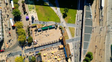 Picadilly Gardens in Manchester from above - top down view - drone photography