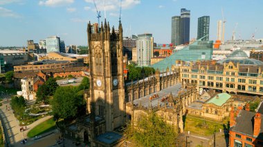 Manchester Cathedral from above - aerial view - MANCHESTER, UNITED KINGDOM - AUGUST 15, 2022