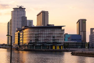 Beautiful sunset at Media City UK in Manchester - MANCHESTER, UNITED KINGDOM - AUGUST 15, 2022