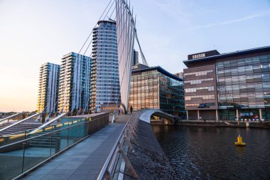 Media City UK in Manchester at sunset - MANCHESTER, UNITED KINGDOM - AUGUST 15, 2022