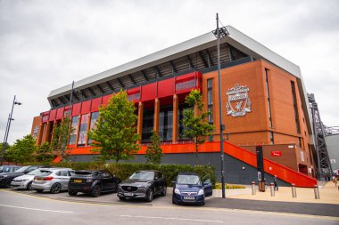 FC Liverpool Logo on the wall of Anfield stadium - LIVERPOOL, UNITED KINGDOM - AUGUST 16, 2022
