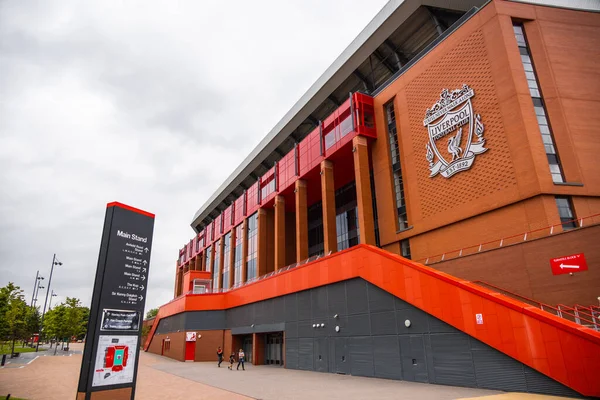FC Liverpool Logo on the wall of Anfield stadium - LIVERPOOL, UNITED KINGDOM - AUGUST 16, 2022