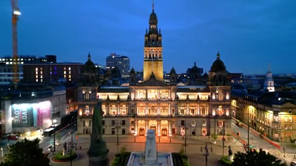 Flight George Square Glasgow City Center Night Aerial View Glasgow — Stock Video