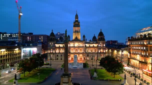 Glasgow Şehir Merkezi Ndeki George Meydanı Üzerinde Gece Uçuşu Hava — Stok video