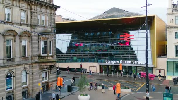 Dworzec Kolejowy Glasgow Queens Street Centrum Miasta Widok Lotu Ptaka — Wideo stockowe