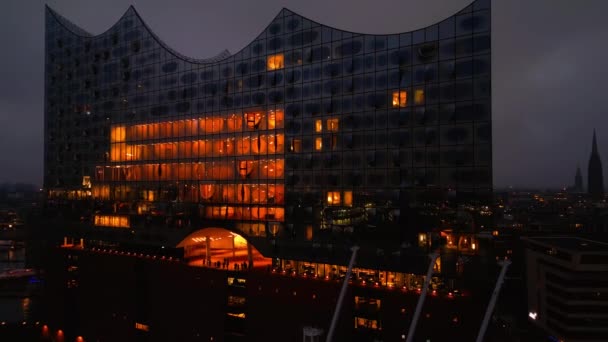 Elbphilharmonie Concert Hall Amburgo Notte Stupefacente Drone Girato Città Amburgo — Video Stock