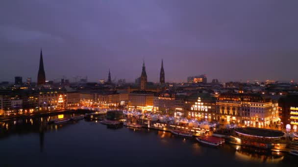 Різдвяний Час Гамбурзі Вночі Чудовий Центр Міста Місто Гамбург Німеччина — стокове відео