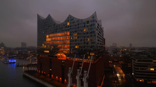 Elbphilharmonie Concert Hall Hamburg Night Amazing Drone Shot City Hamburg — Vídeo de stock