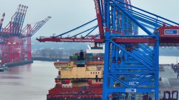 Lastning Lossning Containerfartyg Hamburgs Hamn Hamburg Tyskland December 2022 — Stockvideo