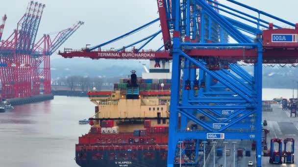 ハンブルク港にコンテナ船を積み降ろします ドイツ ハンブルク市 2022年12月26日 — ストック動画