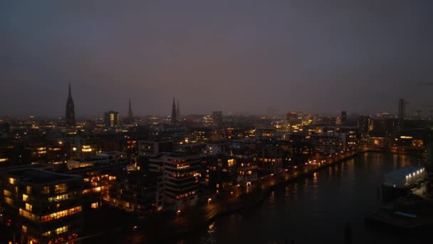 Panoramisch Uitzicht Stad Hamburg Nachts Stad Hamburg Duitsland December 2022 — Stockvideo