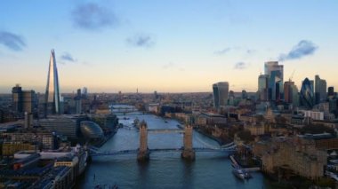 Aerial view over Tower Bridge and the city of London - LONDON, UNITED KINGDOM - DECEMBER 18, 2022