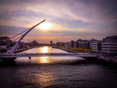 Samuel Beckett Bridge in Dublin at sunset - aerial view photography