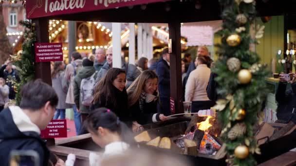 Toasting Marshmallows Christmas Market London Travel Photography — Vídeo de Stock