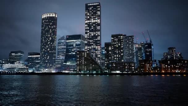 Skyline Canary Wharf District Night Travel Photography — Vídeo de Stock