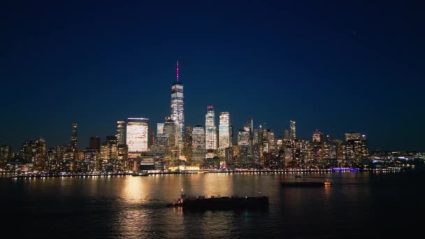 New York Şehrinin Gece Ufuk Çizgisi Üzerinde Hava Manzarası New — Stok video