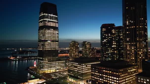 Jersey City Night Its Office Buildings Aerial View Drone Photography — Video