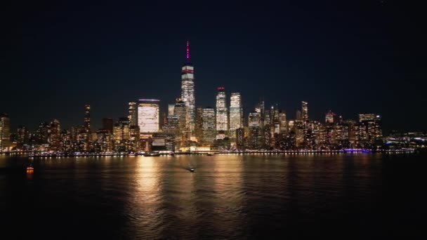Geceleri Manhattan Finans Bölgesi New York Hava Manzaralı Insansız Hava — Stok video