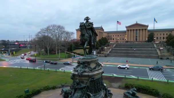 Фонтан Памятника Вашингтону Музее Искусств Филадельфии Фотография Беспилотника — стоковое видео