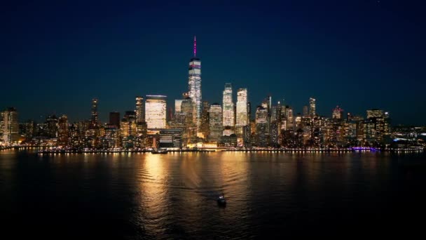 Geceleri Manhattan Finans Bölgesi New York Hava Manzaralı Insansız Hava — Stok video