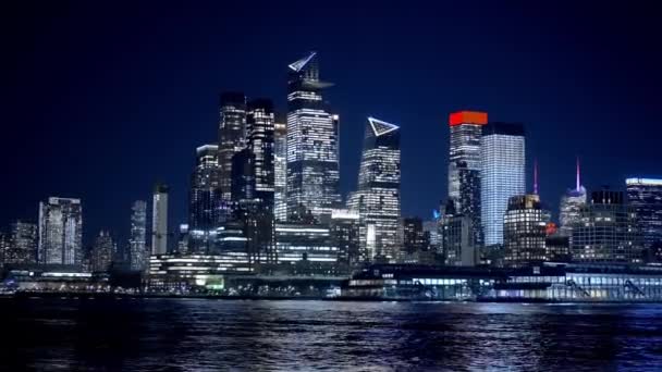 Современный Район Хадсон Ярдс Центре Манхэттена Ночью Фотографии Света — стоковое видео