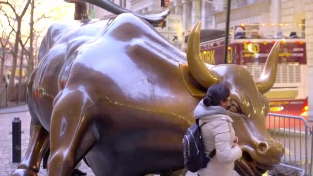 Άγαλμα Charging Bull Στην Οικονομική Περιοχή Μανχάταν Νέα Υόρκη Ηνωμένες — Αρχείο Βίντεο