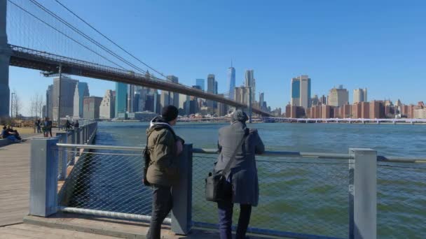 Vista Sul Ponte Brooklyn Dal Brooklyn Bridge Park Fotografia Viaggio — Video Stock