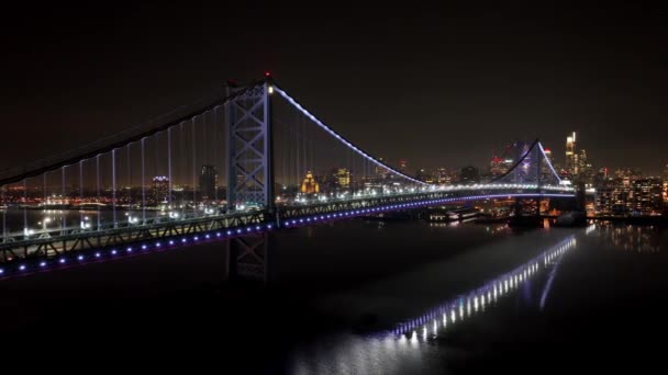 City Philadelphia Ben Franklin Bridge Night Drone Photography — Stok video