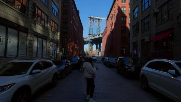 Aussichtspunkt Manhattan Bridge Dumbo Brooklyn New York Vereinigte Staaten Februar — Stockvideo