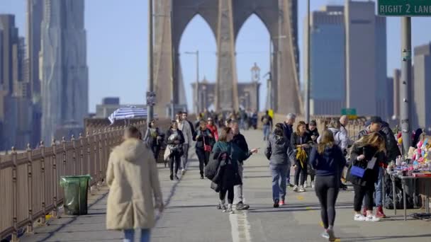 晴れた日にニューヨークのブルックリン橋を歩く アメリカ ニューヨーク 2023年2月14日 — ストック動画