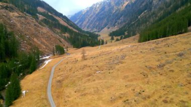 Avusturya Alpleri 'ndeki bir vadiden geçen ıssız sokak - hava manzaralı - seyahat fotoğrafçılığı