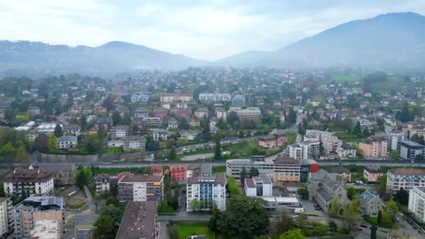Город Веве Швейцарии Сверху Вид Воздуха Помощью Дрона — стоковое видео