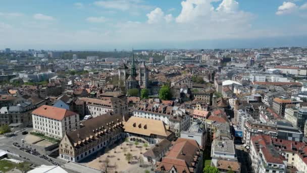 Stad Genève Zwitserland Van Bovenaf Panoramisch Uitzicht Luchtfoto Met Drone — Stockvideo