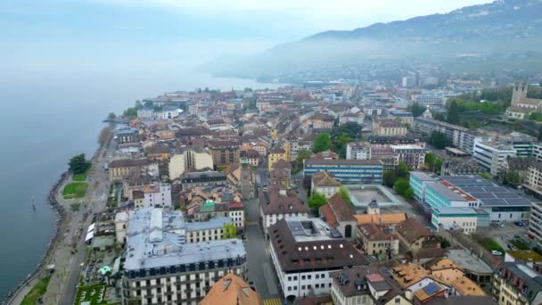 Stad Vevey Zwitserland Van Bovenaf Vanuit Lucht Bekeken Door Drone — Stockvideo