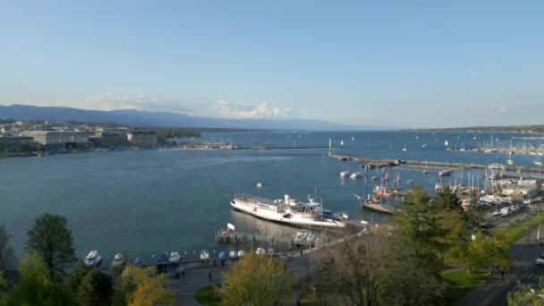 Озеро Леман Городе Женева Швейцарии Вид Воздуха Помощью Дрона — стоковое видео