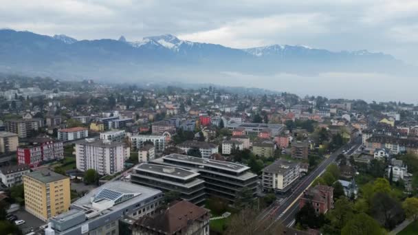 Місто Вевей Швейцарії Згори Вигляд Безпілотника — стокове відео