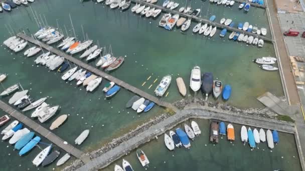 Μαρίνα Της Γενεύης Ελβετία Στη Λίμνη Leman Εναέρια Θέα Drone — Αρχείο Βίντεο