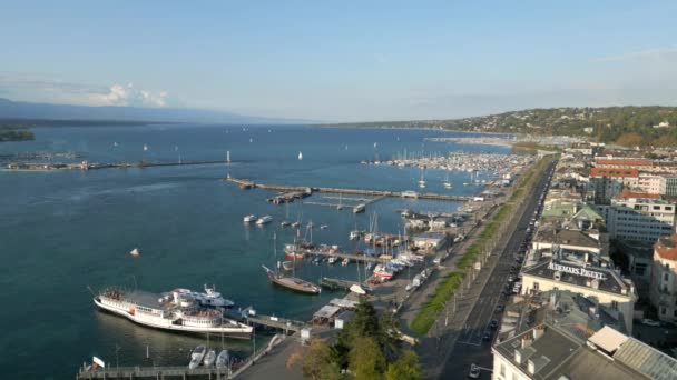 Lago Leman Cidade Genebra Suíça Vista Aérea Por Drone — Vídeo de Stock