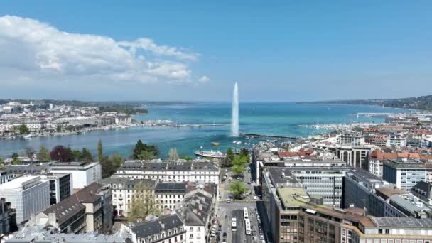 Ciudad Ginebra Suiza Con Lago Leman Vista Aérea Por Dron — Vídeo de stock