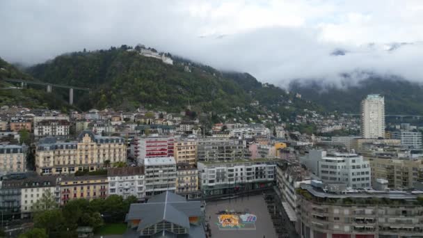 Cidade Montreux Suíça Cima Vista Aérea Por Drone — Vídeo de Stock