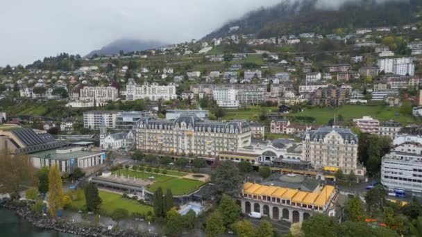 Miasto Montreux Szwajcarii Góry Widok Lotu Ptaka — Wideo stockowe